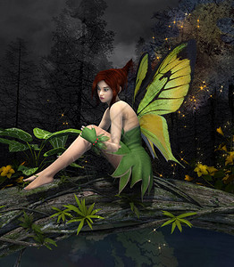 仙女穿着绿礼服坐在一个魔图片
