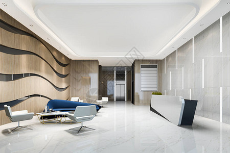 3d在电梯走廊附近用蓝色沙发提供现代豪华酒店办公室图片