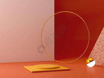 赭色的最小讲台具有几何形式的场景金戒指水磨石墙带灯的球体和盒子橙色和黄色图片