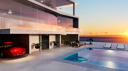 现代豪宅的3D插图有海景和游泳池有跑车的现代两层楼房子图片