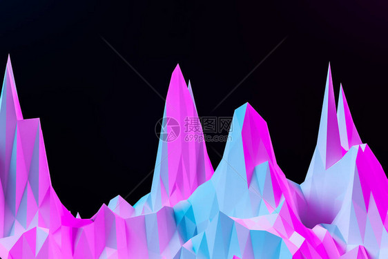 3d插图黑色背景上不同大小的霓虹蓝粉红色山脉尖锐的波浪抽象线图片