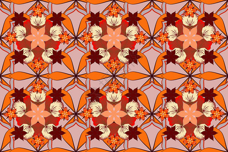 无缝背景与手绘花卉和植物光栅图红色橙色和米色的风格化小图片