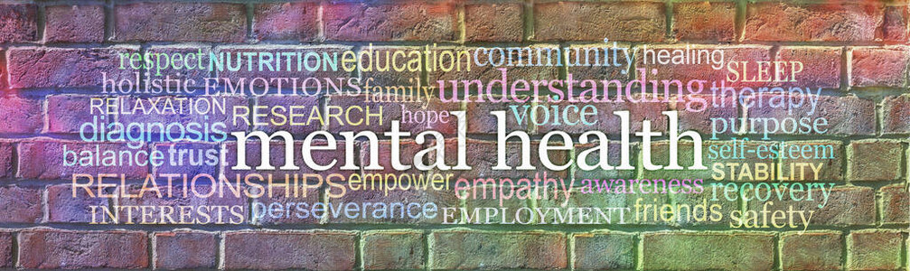 心理健康意识运动砖墙涂鸦横幅宽彩虹色的砖墙图片