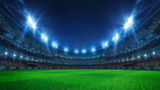 体育新闻体育场内满是球迷的看台闪亮的夜灯和绿草如茵的操场体育场馆的数字3D插图设计图片