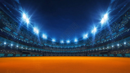 体育场有装满粉丝闪亮的夜光和橙色表面的仰卧台图片