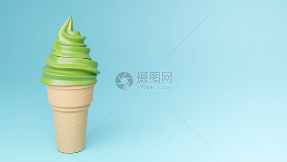 蓝色背景的脆皮锥上的绿色茶味冰淇淋3图片