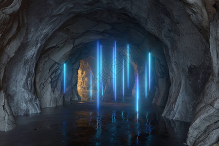 黑暗的岩石隧道有灯光照亮3D造影图片