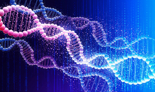 人类基因概念用闪亮的DNA分子在蓝色背景全插画