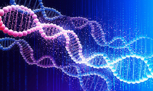 人类基因概念用闪亮的DNA分子在蓝色背景全图片