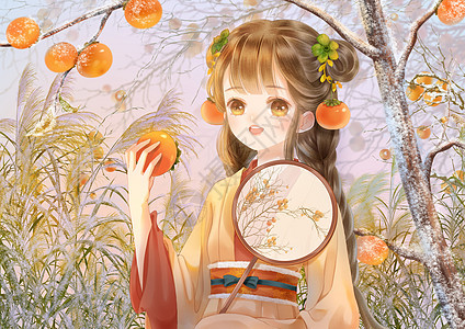 霜降古风插画摘柿子的少女图片