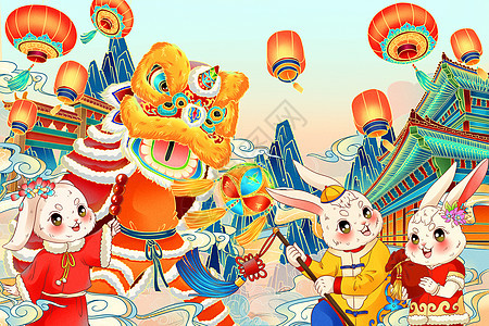新年兔子舞狮喜庆建筑云纹云雾庆新春国潮手绘插画背景图片