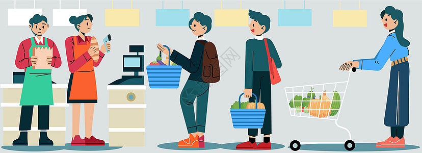 svg人物插画超市购物售货员顾客形象矢量组合图片