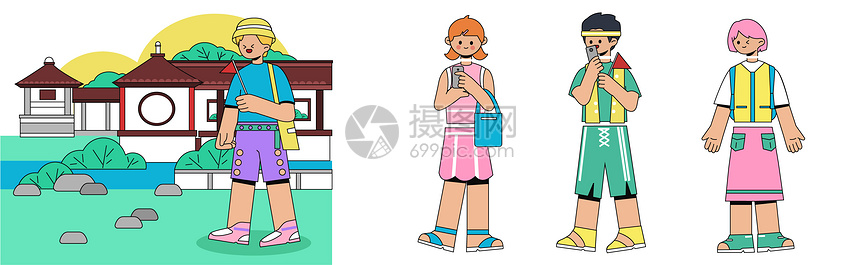 国庆节古镇旅游人物SVG插画图片