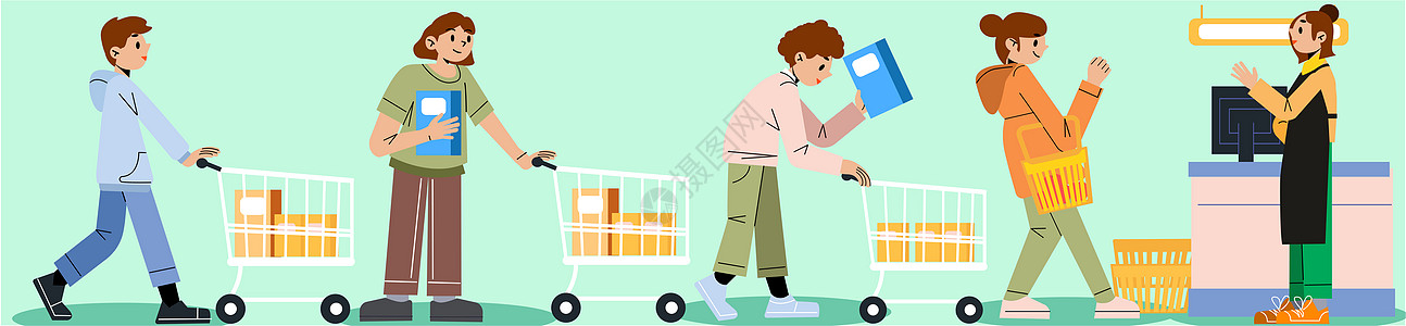 svg人物插画超市购物顾客推购物车消费形象矢量组合图片