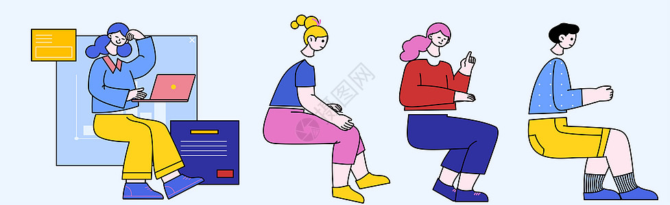 黄蓝色卡通商务类侧身坐姿捧着电脑苦恼工作的人物SVG拆分插画背景图片