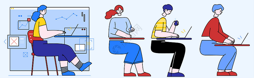 蓝色卡通商务类电脑工作的人物SVG拆分插画图片