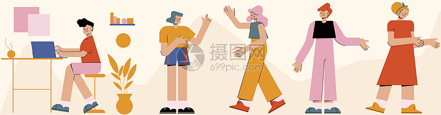 黄粉色卡通生活办公推荐人物SVG拆分插画图片