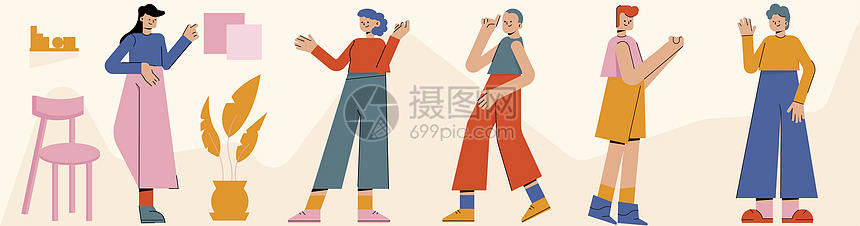 黄粉色卡通生活办公人物SVG拆分插画图片