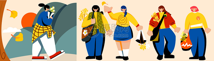 黄蓝色扁平风人物场景节日人物重阳节SVG插画图片