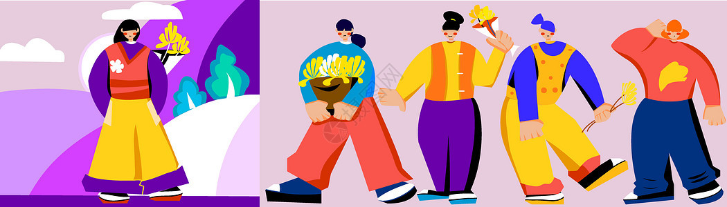 紫红色扁平风人物场景节日人物重阳节SVG插画图片