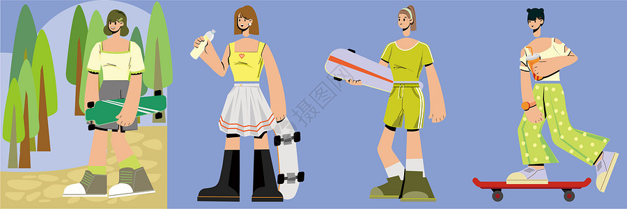 荧光绿色系滑板少女玩滑板生活拆分人物组件SVG插画图片