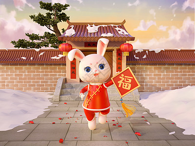 兔年春节展板兔年场景背景设计图片