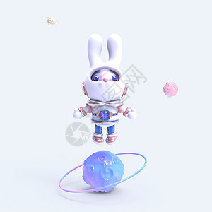 漂浮元素科技风宇航员兔兔漂浮站立插画
