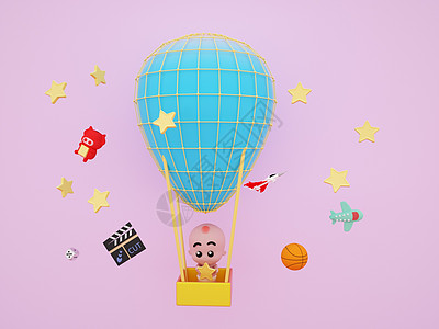 C4DQ版婴儿双手捧星星坐热气球3D元素高清图片