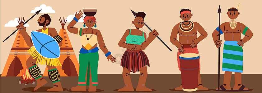svg人物插画非洲部落黑人战士人物形象矢量组合图片
