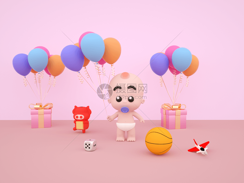 C4DQ版婴儿站立手拿气球3D元素图片