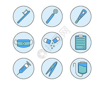 口罩矢量蓝绿色系牙医工具矢量元素套图插画