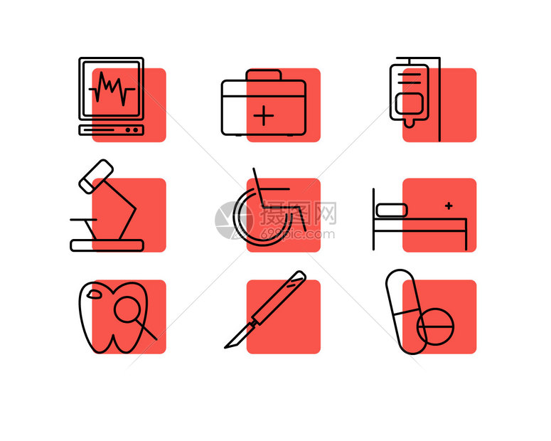红色心电图医疗箱药片主题SVG元素图标套图图片