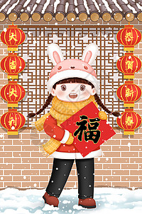 兔年春节拿着福字的小女孩图片