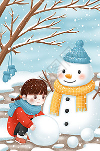 雪中玩雪堆雪人的小女孩背景图片