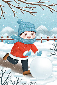 圣诞场景在雪地里滚雪球的小孩插画