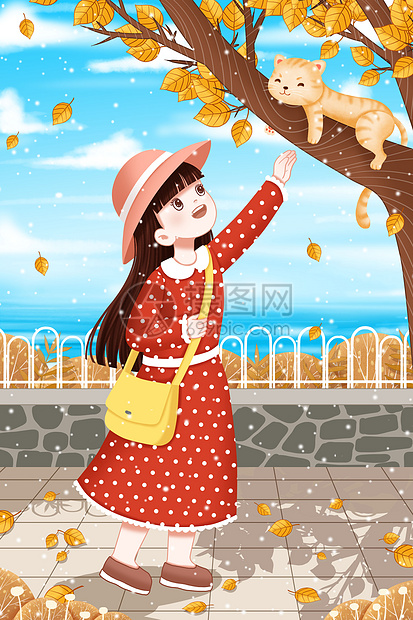 秋天小女孩和树上的猫咪图片