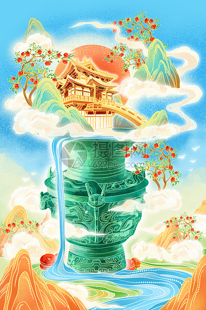 国潮中国风二十四节气霜降古建筑山水场景柿子树青铜器图片