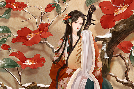 雪立冬抱着琵琶的古代女子古风插画插画