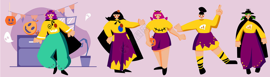 紫黄色扁平风人物场景节日人物万圣节SVG插画图片