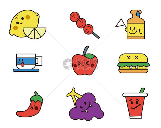 蓝黄绿红橙白紫柠檬冰糖葫芦调味饮料拟人SVG元素图标套图图片