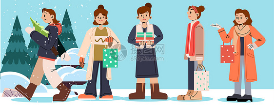 svg人物插画圣诞节路边行人购物人物矢量组合图片
