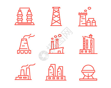 红色背景建筑红色工业图标各种不同类别工厂svg图标元素套图插画