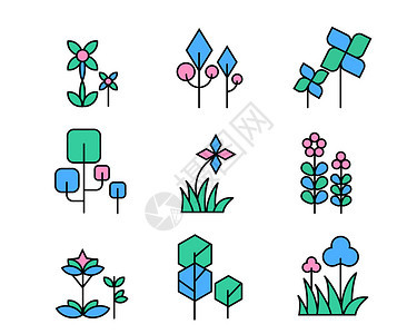 粉蓝绿色小清新配色植物花草svg图标元素套图背景图片