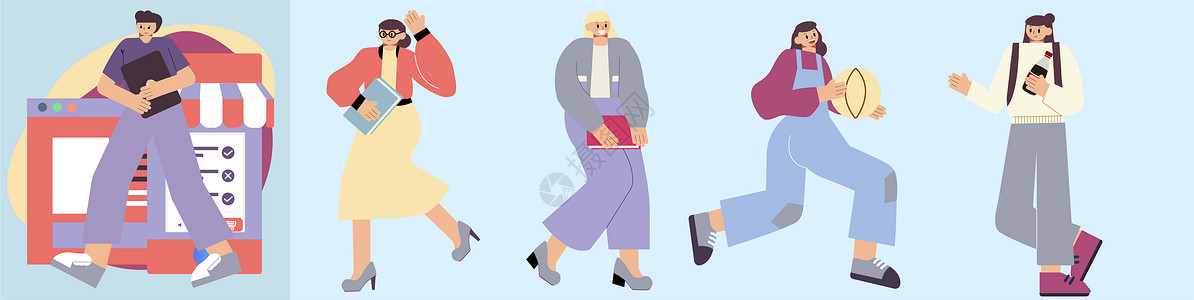 步行街人潮插画_步行街人潮卡通_步行街人潮插图_手绘_板绘_摄图网