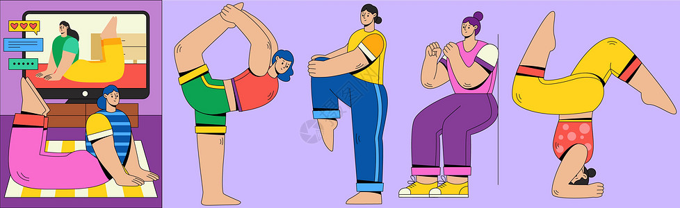 SVG插画组件之瑜珈扁平人物动态背景图片