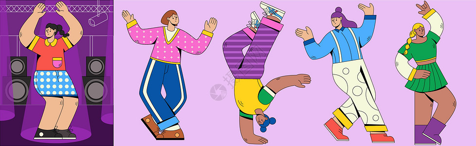 SVG插画组件之跳舞扁平人物动态背景图片