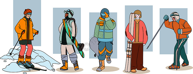 冬季户外旅行运动滑雪扁平矢量插画男性女性人物图片