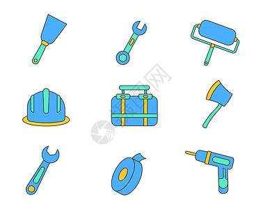 绝缘胶带蓝绿色系修理工具矢量套图插画