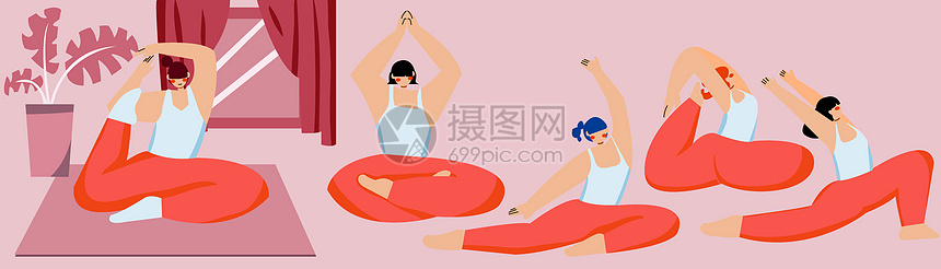 红色扁平风人物场景兴趣爱好人物SVG插画图片