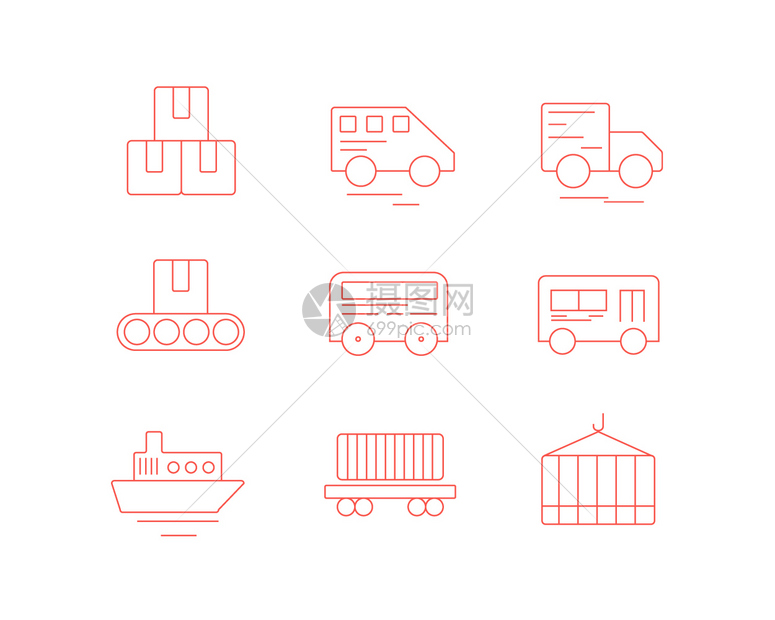 红色ICON图标物流交通购物车车子轮子货物盒子物品箱子SVG图标元素套图图片